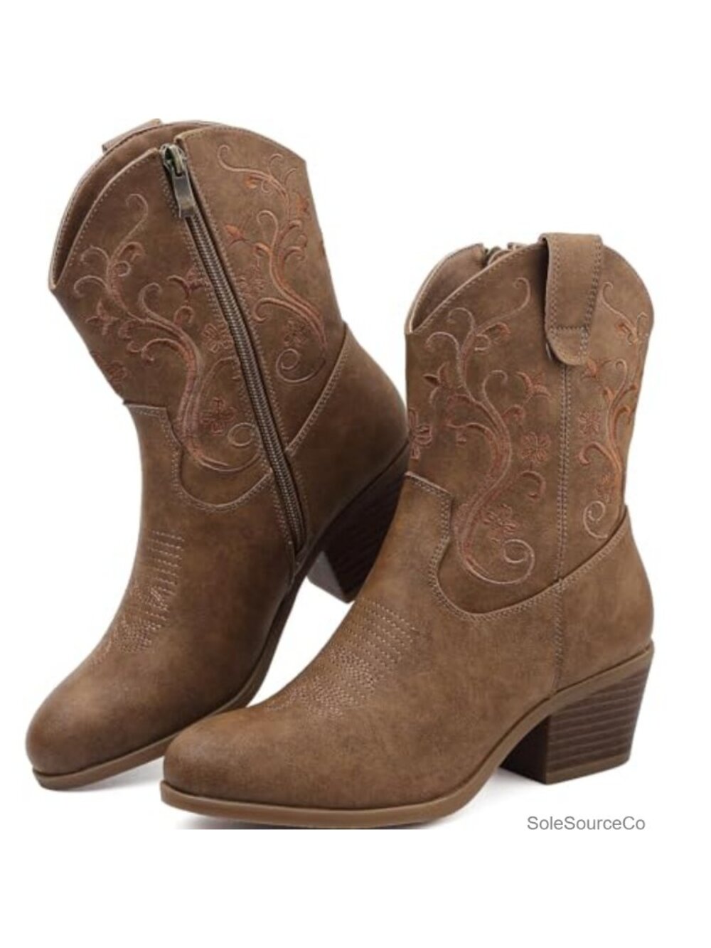 Embroidered Short Shaft Cowboy Boots Side Zip Faux Leather